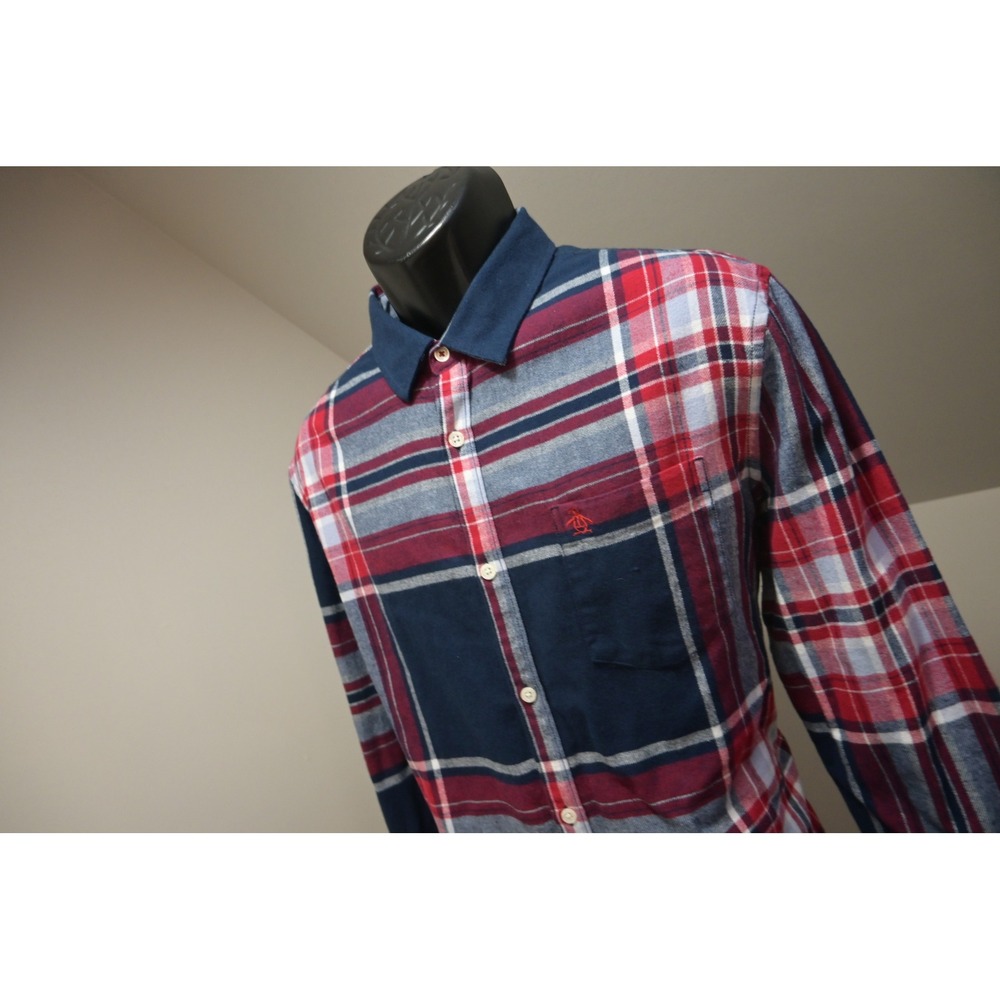 Original Penguin Plaid Flannel Shirt Mens XL Red Navy‎ Heritage Slim Fit EUC